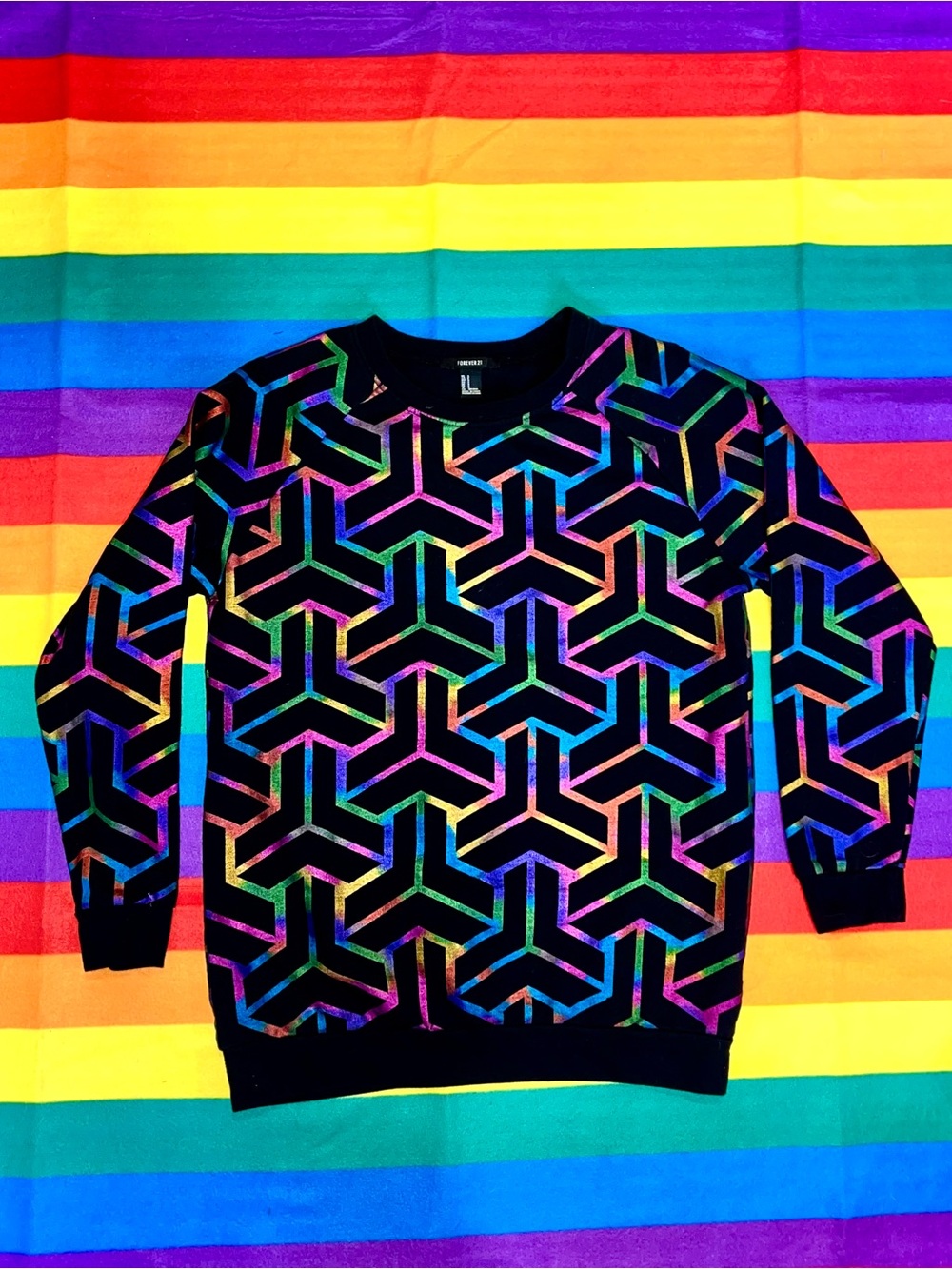Black Crewneck Sweater Long Sleeve - Metallic Rainbow Geometric Print Abstract